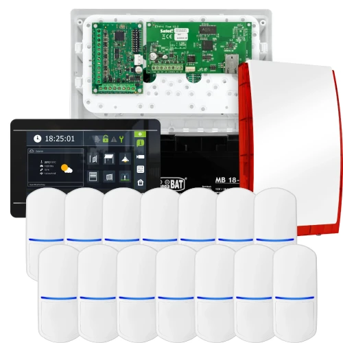 SATEL INTEGRA 32 alarmsysteemset, 14x PET-detector, sirene, zwarte bedieningspaneel INT-TSI-B