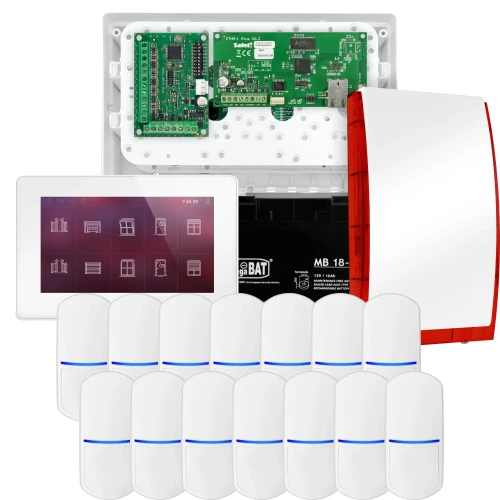 SATEL INTEGRA 32 alarmsysteemset, 14x PET detector, sirene, witte bedieningspaneel INT-TSH2-W