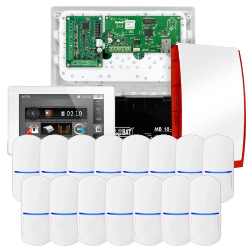 SATEL INTEGRA 32 alarmsysteemset, 15x PET-detector, sirene, witte bedieningspaneel INT-TSI-W