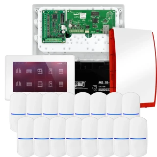 SATEL INTEGRA 32 alarmsysteemset, 16x PET detector, sirene, witte bedieningspaneel INT-TSH2-W