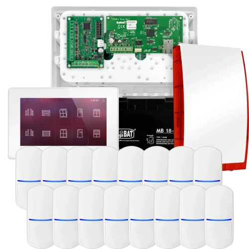 SATEL INTEGRA 32 alarmsysteemset, 16x detector, sirene, witte bedieningspaneel INT-TSH2-W