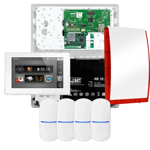 SATEL INTEGRA 32 alarmsysteem set, 4x PET detector, sirene, witte bedieningspaneel INT-TSI-W, LTE communicatie