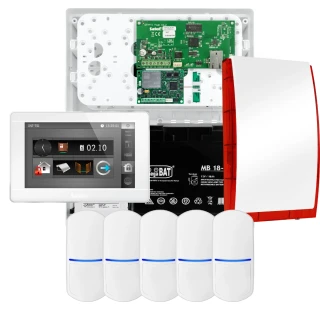 SATEL INTEGRA 32 alarmsysteemset, 5x PET detector, sirene, witte bedieningspaneel INT-TSI-W, LTE-communicatie