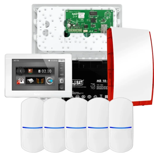 SATEL INTEGRA 32 alarmsysteemset, 5x PET detector, sirene, witte bedieningspaneel INT-TSI-W