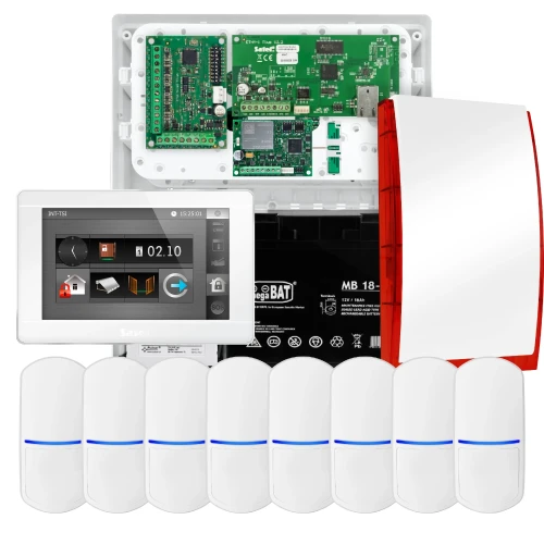 SATEL INTEGRA 32 alarmsysteemset, 8x PET-detector, sirene, witte bedieningspaneel INT-TSI-W, LTE-communicatie