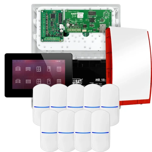 SATEL INTEGRA 32 alarmsysteemset, 9x PET-detector, sirene, zwarte bedieningspaneel INT-TSH2-B
