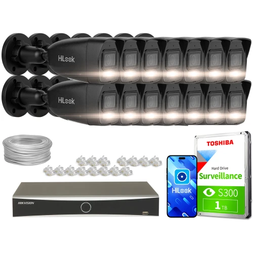 Zestaw do monitoringu składający się z czternastu kamer HiLook, rejestratora Hikvision, dysku twardego Toshiba 1TB oraz akcesoriów montażowych. Kamery są ułożone w dwóch rzędach, a obok nich znajdują się kabel, złącza i ilustracja smartfona z aplikacją.