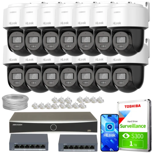 Zestaw do monitoringu składający się z czternastu kamer HiLook, dwóch switchów, rejestratora Hikvision, kabla sieciowego, złączek oraz dysku twardego Toshiba o pojemności 1 TB. Na zdjęciu widoczny jest również telefon z aplikacją HiLook.