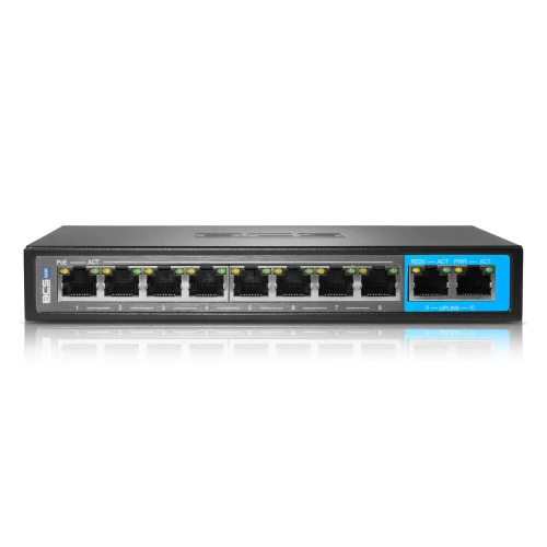 Na zdjęciu znajduje się czarny switch sieciowy BCS z ośmioma portami Ethernet, z których siedem jest oznaczonych jako PoE. Po prawej stronie widoczny jest niebieski panel z dodatkowymi dwoma portami oznaczonymi jako UPLINK.