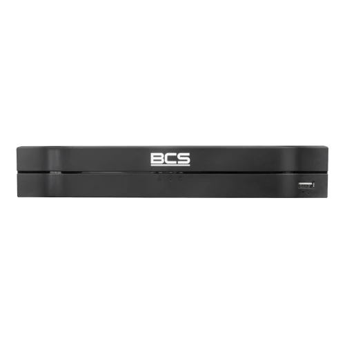 Czarny rejestrator BCS z widocznym logo na przednim panelu. Urządzenie posiada port USB po prawej stronie.