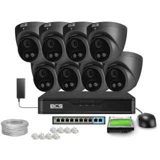 IP-monitoringset 8x BCS-P-EIP28FSR3L2-AI2-G 8Mpx, WDR 120dB, Detectie van mensen en voertuigen, IR30m