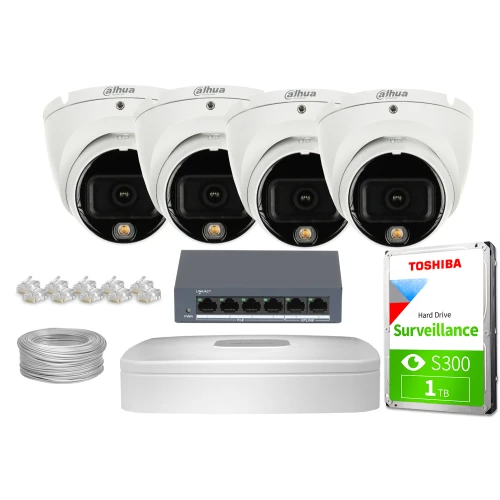 Zestaw do monitoringu składający się z czterech białych kamer Dahua, dysku twardego Toshiba, przełącznika sieciowego, rejestratora oraz akcesoriów montażowych. Elementy są rozmieszczone na białym tle, prezentując kompletny system nadzoru.