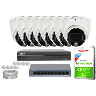 Zestaw do monitoringu składający się z ośmiu kamer kopułkowych Dahua, rejestratora, dysku twardego Toshiba 1TB, przełącznika sieciowego oraz kabli i złączek. Elementy są ułożone na białym tle, prezentując kompletny system nadzoru wizyjnego.