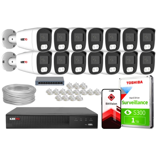 Zestaw do monitoringu IP składający się z dwunastu kamer, rejestratora, dysku twardego Toshiba 1TB, kabla sieciowego, złączy RJ45 oraz przełącznika sieciowego. Na zdjęciu widoczny jest również smartfon z aplikacją BitVision.