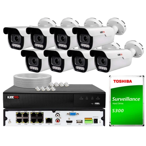 Zestaw do monitoringu składający się z sześciu kamer, rejestratora oraz dysku twardego Toshiba S300. W zestawie znajdują się również kable i złącza niezbędne do instalacji.