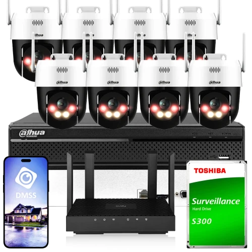 Zestaw do monitoringu składający się z ośmiu kamer Wi-Fi, rejestratora, routera oraz dysku twardego Toshiba. Na zdjęciu widoczny jest również smartfon z aplikacją do zarządzania systemem monitoringu.