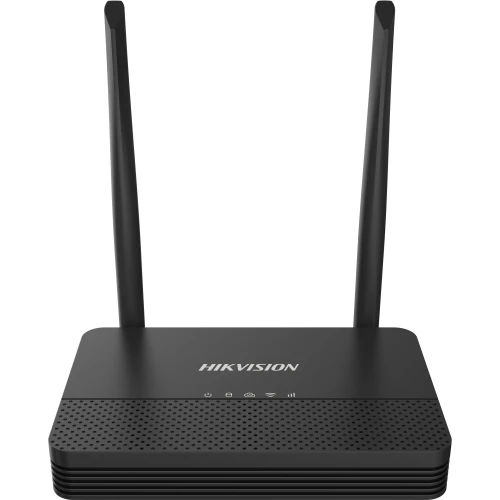 Na zdjęciu znajduje się czarny router marki Hikvision z dwiema antenami skierowanymi do góry. Urządzenie ma prostokątny kształt i widoczne logo producenta na górnej powierzchni.