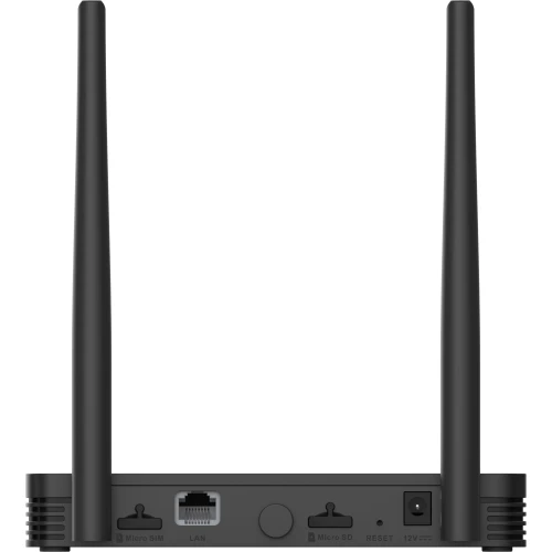 Zdjęcie przedstawia tylną część czarnego urządzenia do monitoringu z dwoma antenami, portem LAN, gniazdem na kartę Micro SIM i Micro SD oraz przyciskiem reset. Urządzenie jest ustawione na białym tle, co podkreśla jego funkcje i złącza.