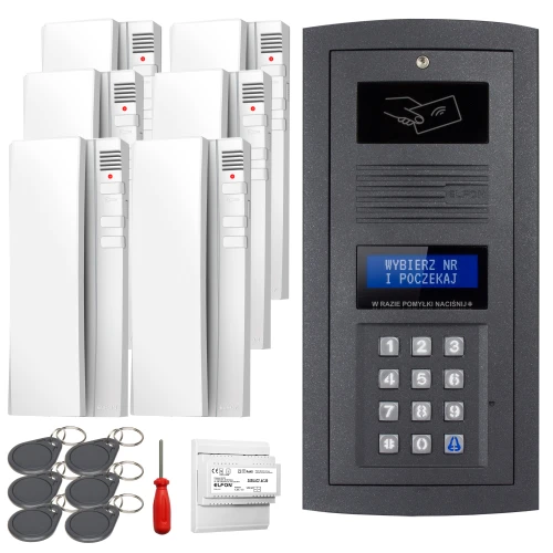 Zestaw domofonowy składa się z cyfrowego panelu z klawiaturą numeryczną oraz pięciu białych unifonów. W zestawie znajdują się również breloki zbliżeniowe, śrubokręt i moduł elektroniczny.