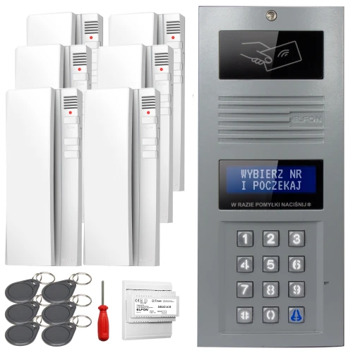 Zestaw domofonowy składający się z panelu z klawiaturą numeryczną i wyświetlaczem, pięciu białych unifonów, pięciu breloków zbliżeniowych, śrubokręta oraz modułu elektronicznego. Panel domofonowy ma metaliczną obudowę z przyciskami i ekranem LCD.