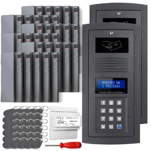 Zestaw domofonowy cyfrowy składający się z paneli z klawiaturą, breloków zbliżeniowych, modułu zasilającego oraz śrubokręta. Na panelu widoczny jest ekran z napisem "WYBIERZ NR I POCZEKAJ".