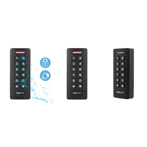 Zdjęcie przedstawia trzy czarne klawiatury numeryczne do kontroli dostępu, z widocznymi przyciskami od 0 do 9 oraz symbolami gwiazdki i kratki. Po lewej stronie znajduje się grafika z ikonami kłódki i kropli wody, sugerująca wodoodporność urządzenia.