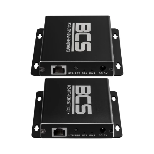 Na zdjęciu znajdują się dwa czarne konwertery BCS z białymi napisami, ułożone jeden nad drugim. Każdy z nich posiada porty sieciowe i zasilania na przednim panelu.