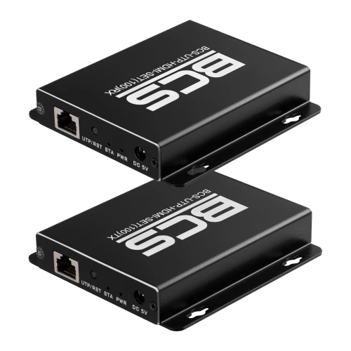 Na zdjęciu znajdują się dwa czarne konwertery BCS z portami sieciowymi i zasilania, ułożone jeden nad drugim. Oba urządzenia mają białe logo BCS na górnej powierzchni.