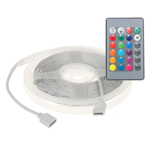Zestaw oświetlenia LED składający się z białej taśmy LED zwiniętej w rolkę oraz pilota z kolorowymi przyciskami do sterowania. Pilot posiada przyciski do zmiany kolorów i trybów świecenia.