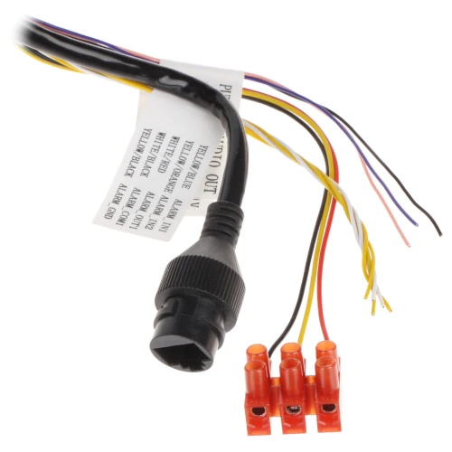 Na zdjęciu znajduje się złącze kamery z kilkoma kolorowymi przewodami zakończonymi trzema pomarańczowymi złączkami. Przewody są połączone z czarnym, okrągłym złączem, a obok znajduje się etykieta z opisem technicznym.