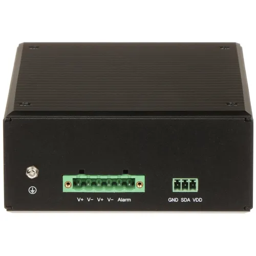 Czarny, prostokątny moduł elektroniczny z widocznymi złączami zasilania i sygnałowymi na przednim panelu. Na panelu znajdują się oznaczenia takie jak V+, V-, Alarm, GND, SDA, i VDD.